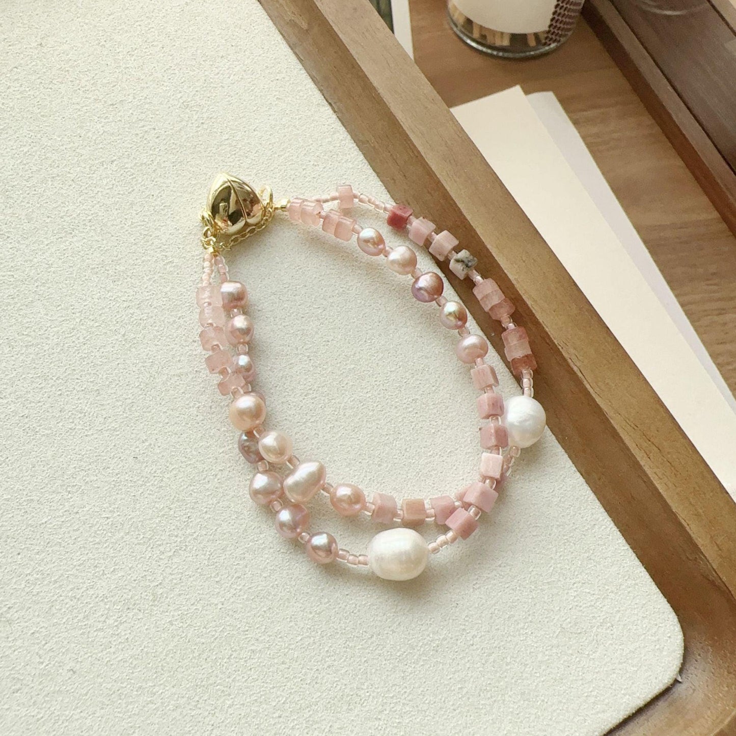 Pale Pink Colored Light Baroque Pearl Double Layer Bracelet – Natural Stone Beaded Sweetness