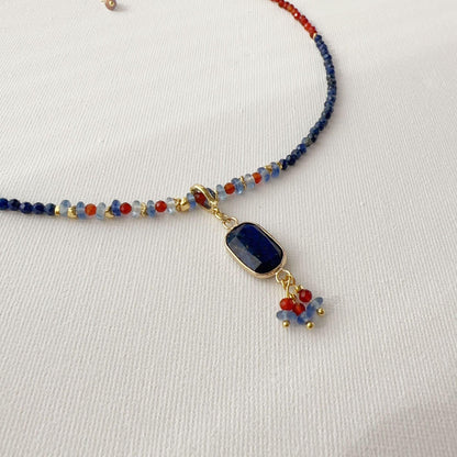 Dunhuang Color Natural Stone Beaded Necklace - Handmade Unique Blue and Orange