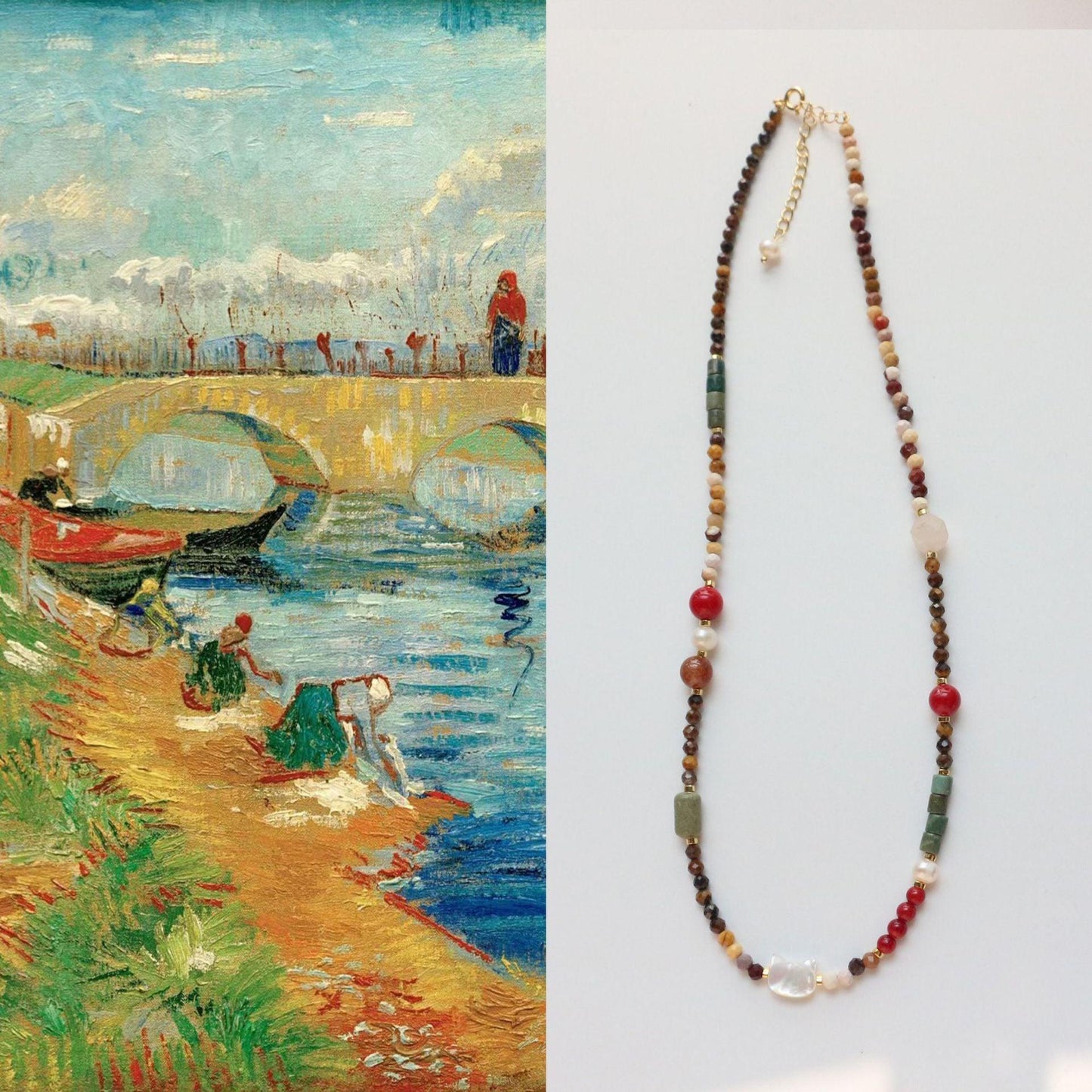 Tiger Eye Stone, Egg Yolk Stone, Coral Beads, White Shell Necklace with Cat Red & Green Oil Painting Texture Collarbone Chain