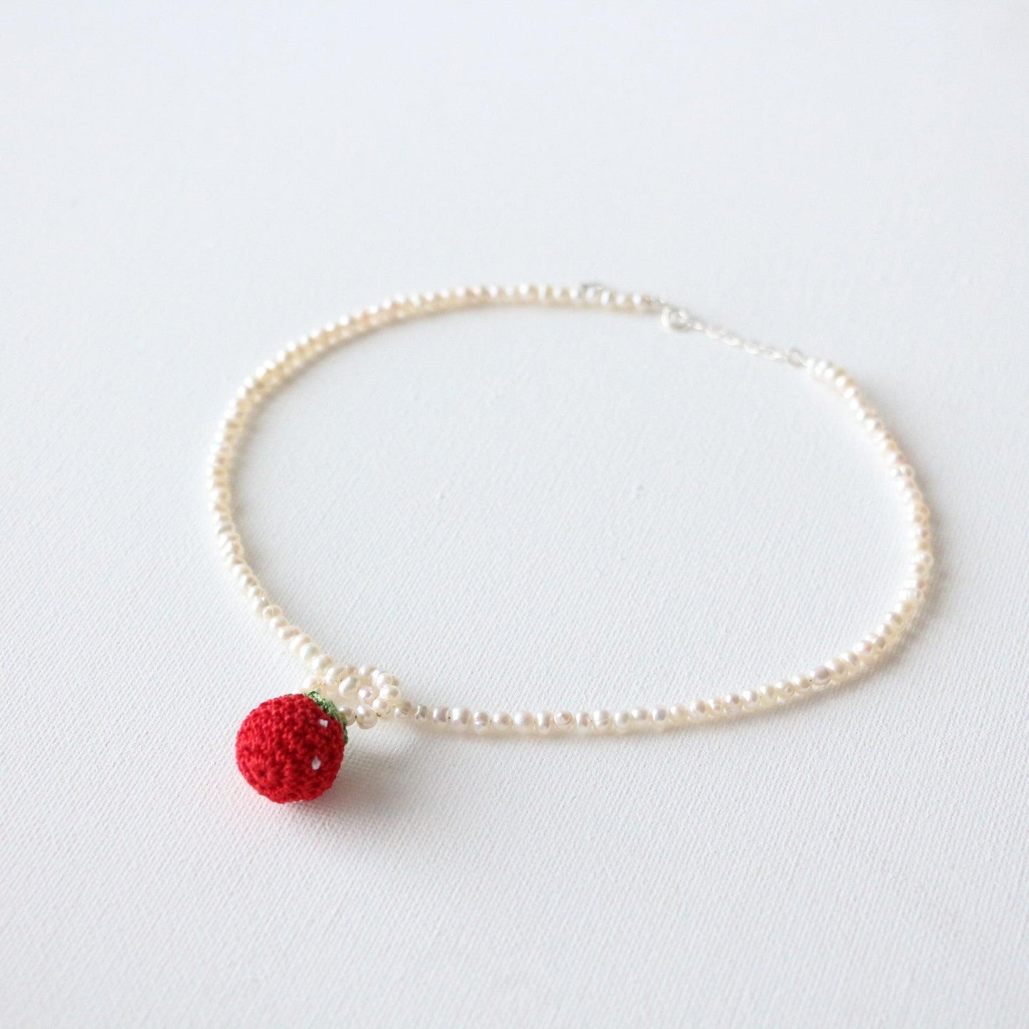 New 925 Silver Freshwater Pearl Necklace with Cute Red Strawberry Earrings and Sweet Bracelet