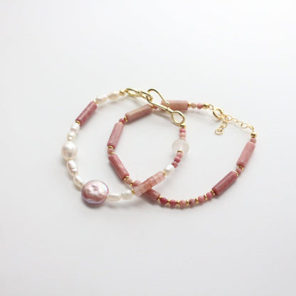 Baroque Freshwater Pearl Heart-Shaped Star Bracelet – White Jade, Strawberry Quartz & Red Agate Beaded Jewelry