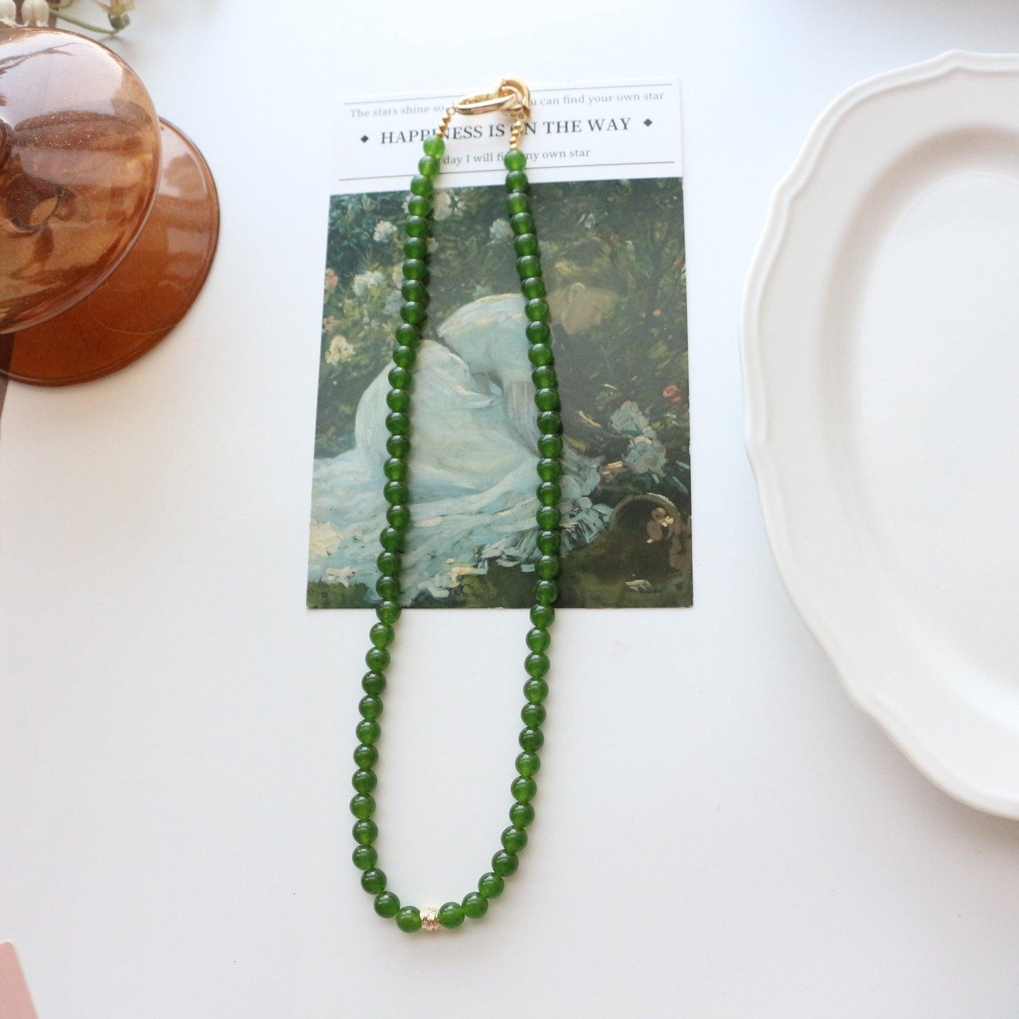 Vintage Emerald Necklace – Natural Stone Beaded Choker with Minimalist Design