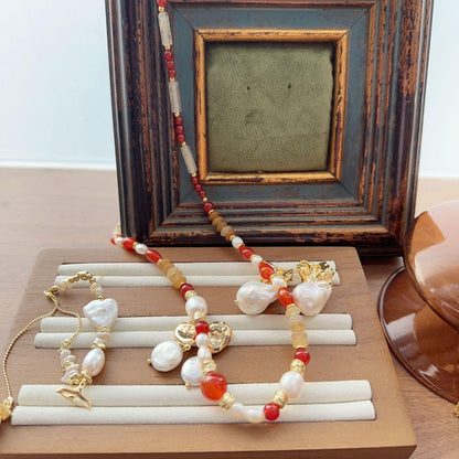 7A Grade Red Agate Yellow East Amber Freshwater Pearl Dunhuang Sweater Chain - Unique Creative Beaded Necklace