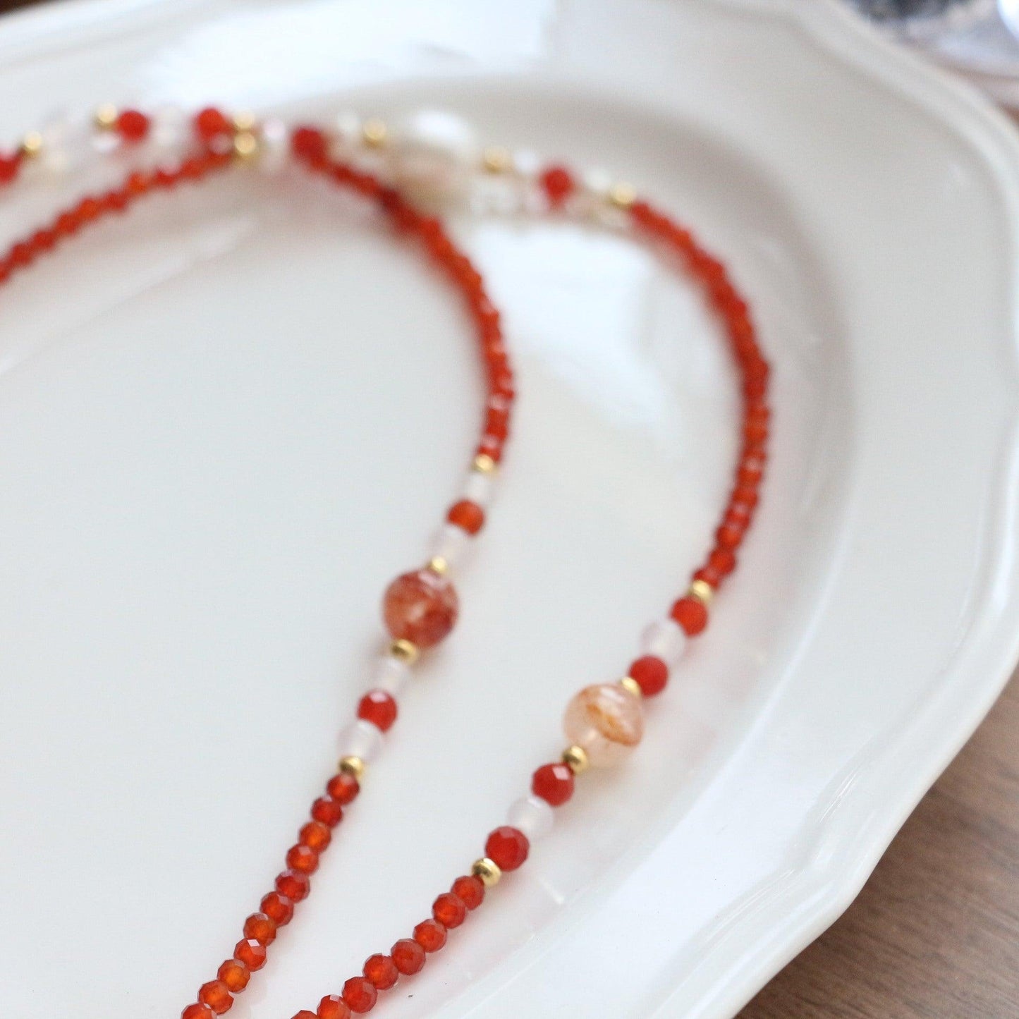 Handcrafted Vintage White Agate and Red Agate Sweater Chain with Red Resin Flower and Pearl Bead Necklace – Versatile Long Neck Chain