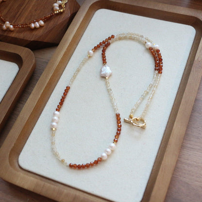 New Natural Freshwater Pearl, Garnet, and Citrine Handmade Beaded Necklace and Bracelet Set