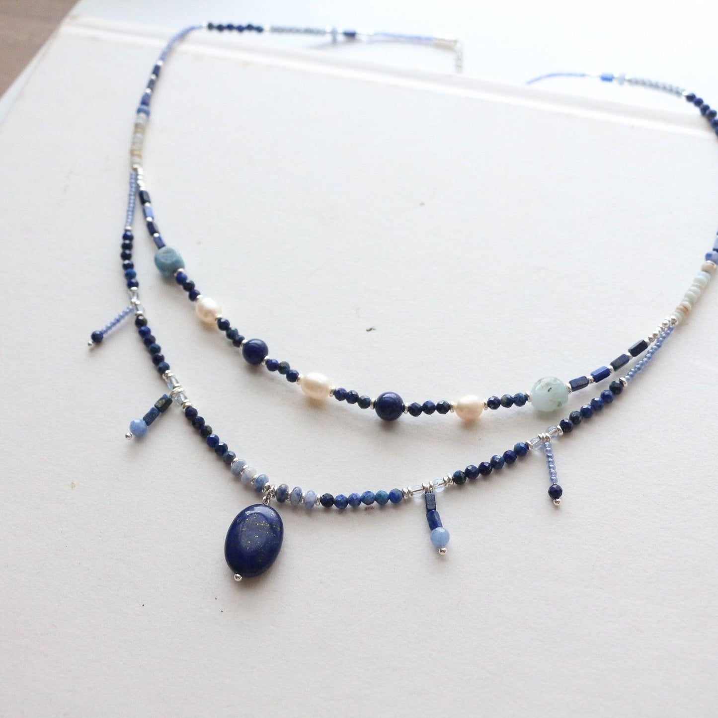 Natural Lapis Lazuli Shell Piece Blue Crystal Double Layer Necklace - Niche Beaded Necklace