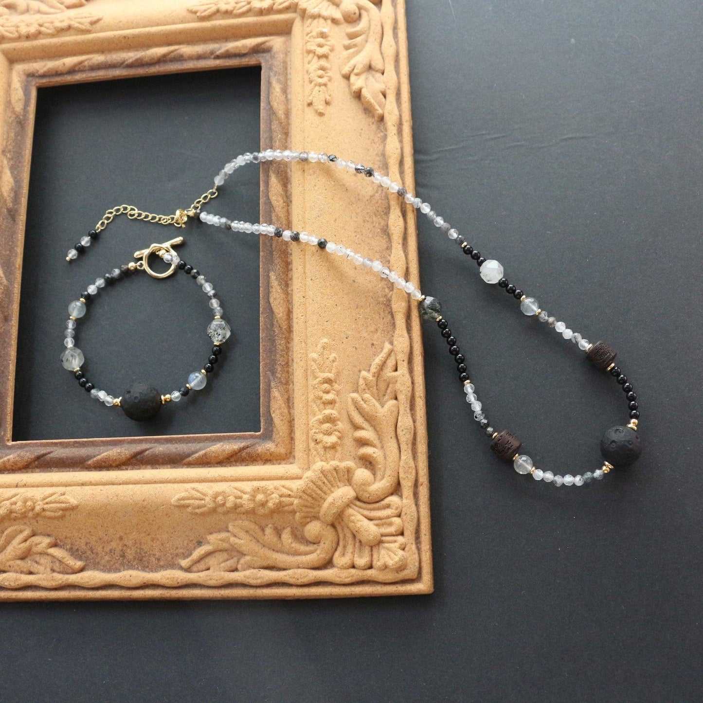 Sedum Black Hair Crystal & Silver Yew Stone Pendant Necklace with 7A Grade Onyx Black Mythic Bracelet Collection