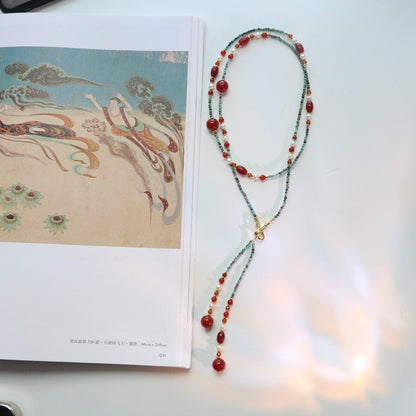 Dunhuang Hand-Beaded Natural Turquoise & Red Agate Necklace with Freshwater Pearl Sweater Chain