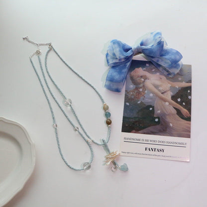 New Chinese Style White Crystal Pendant Necklace with Gradient Fluorite, Aquamarine Beads, Freshwater Pearl Choker