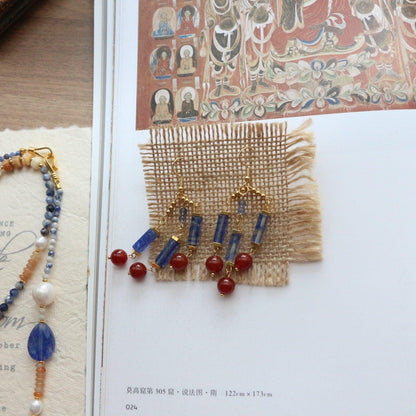 Elegant Dunhuang-Style Blue & Red Natural Stone Beaded Hook Earrings