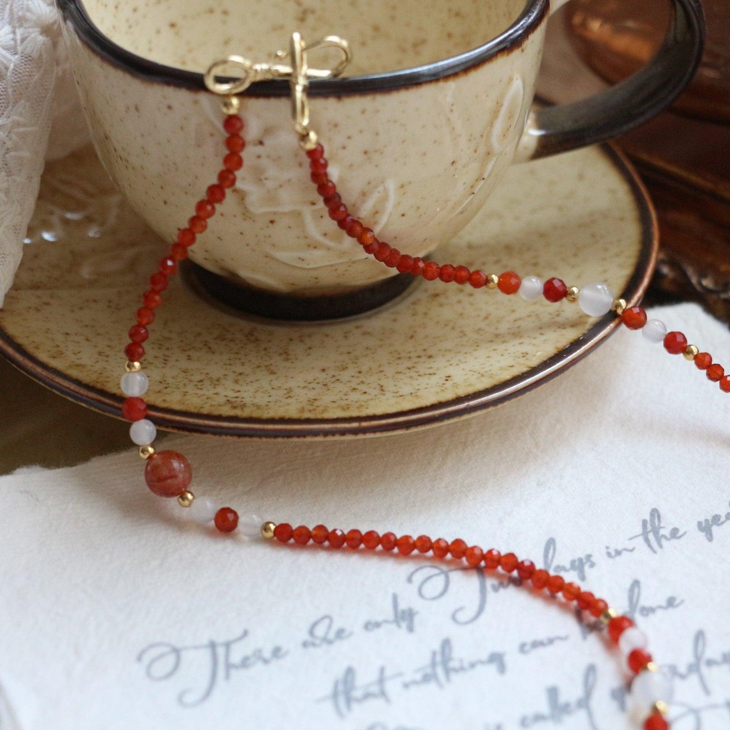 Handcrafted Vintage White Agate and Red Agate Sweater Chain with Red Resin Flower and Pearl Bead Necklace – Versatile Long Neck Chain