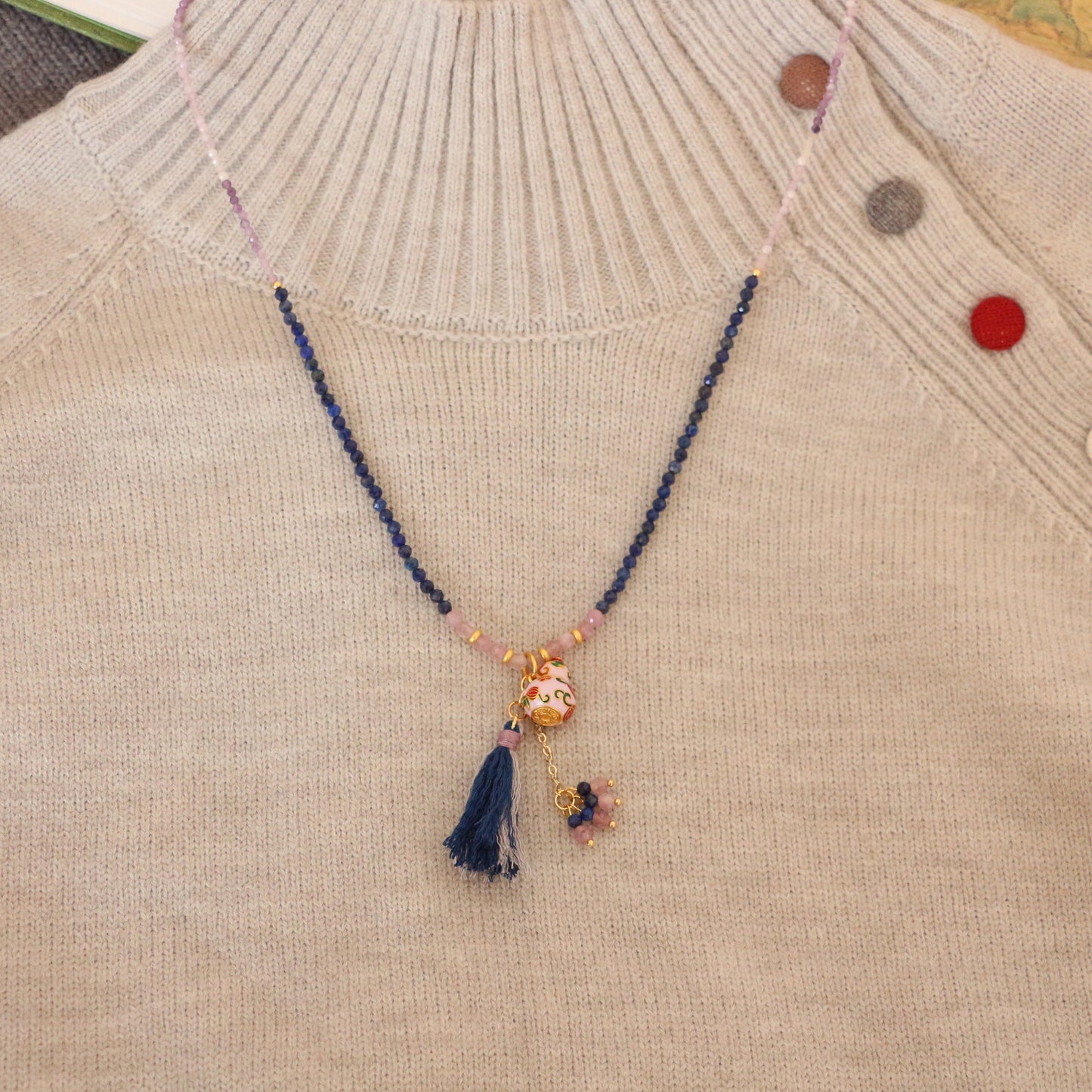 New arrivals New Chinese Style Lapis Lazuli & Purple Jade Necklace | Sand Gold Enamel Gourd Tassel Pendant