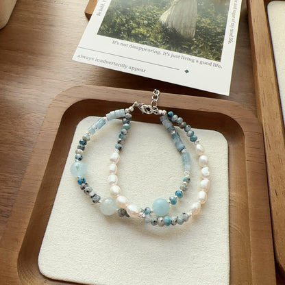 Aquamarine Blue Ore Beaded Necklace & Freshwater Baroque Pearl Bracelet Set | Short Necklace