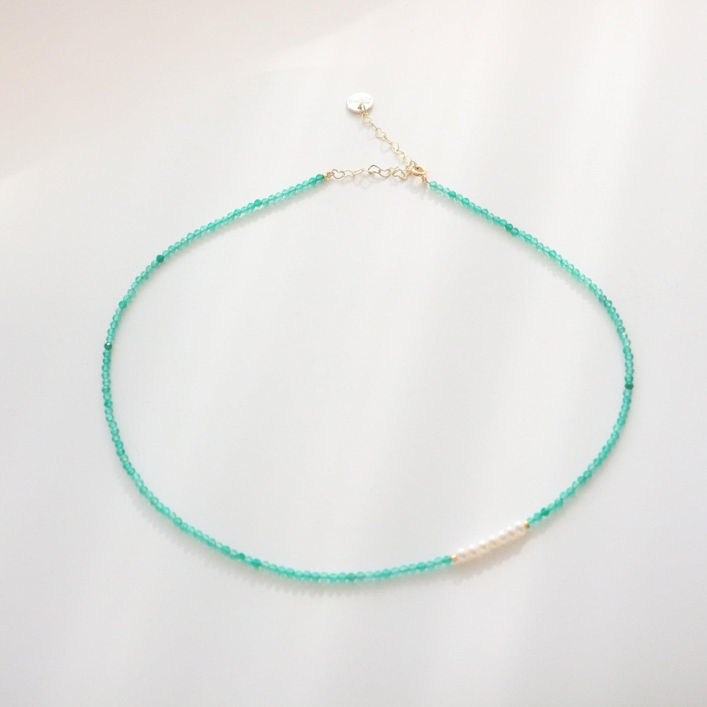 Natural Stone Necklace with Green Gemstone Beads and Freshwater Aurora Pearls