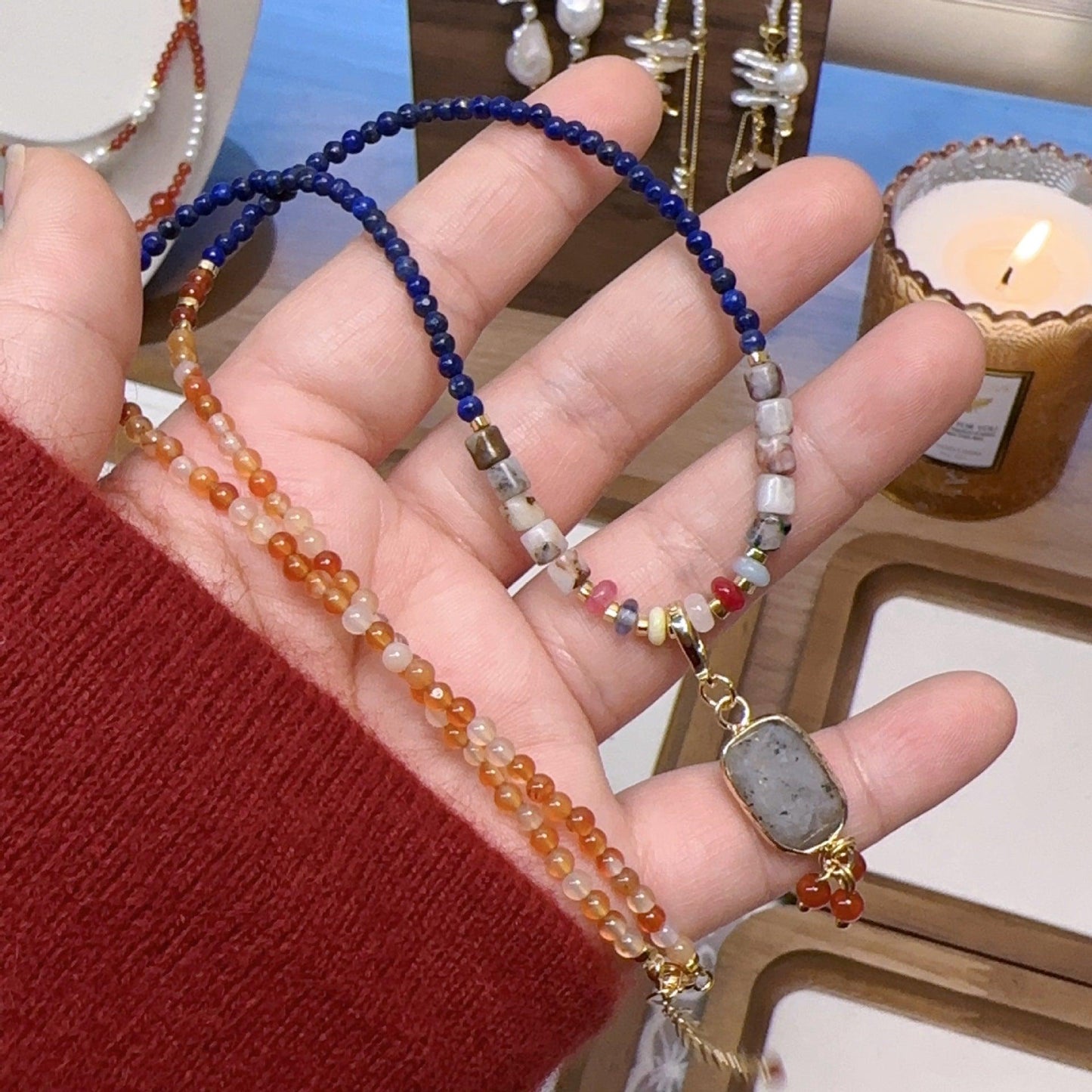 Lapis Lazuli & Agate Dunhuang-Inspired Natural Stone Beaded Necklace with Glitter Stone Pendant – Exotic Jewelry