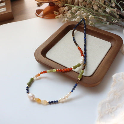 Rustic Colorful Natural Stone Beaded Necklace & Double Layer Bracelet – Unique Boho Style Jewelry