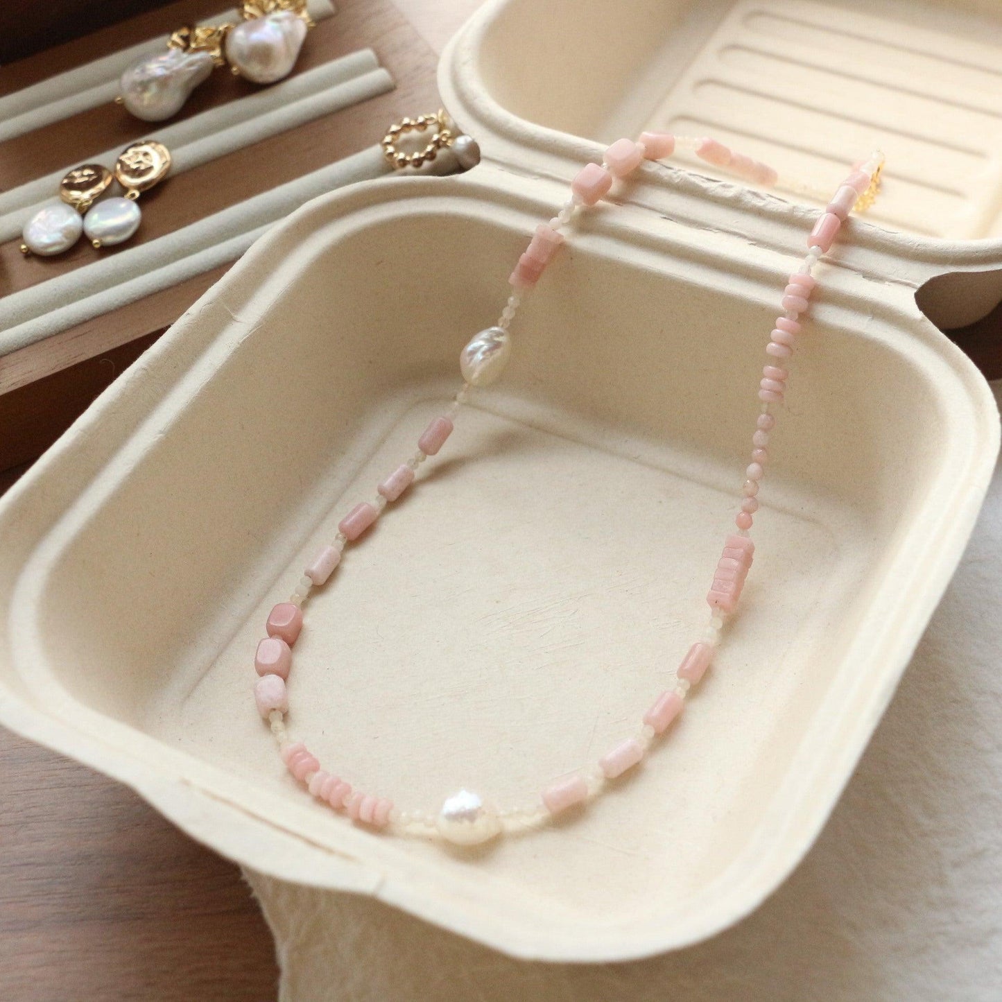 Niche Vintage Natural Stone Beaded Necklace – Handmade Pink Opal & Freshwater Pearls, Original Design