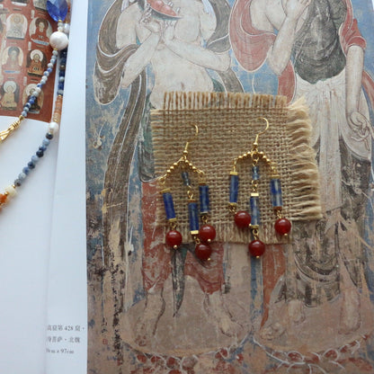 Elegant Dunhuang-Style Blue & Red Natural Stone Beaded Hook Earrings