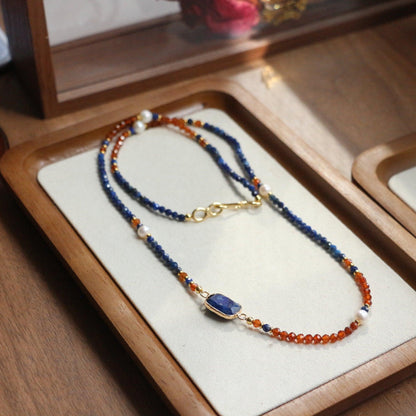 New Orange Garnet, Lapis Lazuli & Baroque Pearl Long Sweater Chain Vintage Necklace – Dunhuang Style for Women