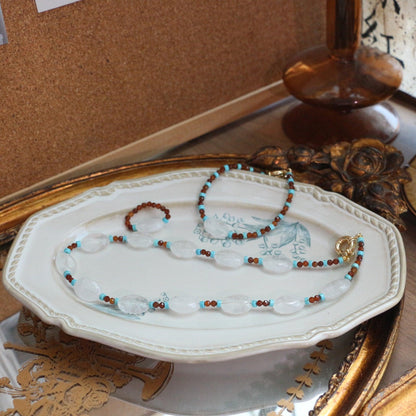 Oval White Crystal Natural Turquoise Beaded Handmade Necklace Ring Bracelet Set