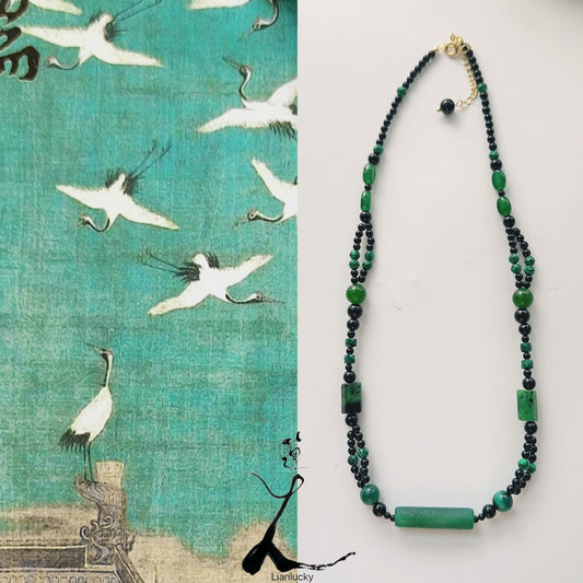 Vintage Black and Green Onyx Beaded Necklace - New Chinese-Style Neck Chain, Collarbone Chain Ornament