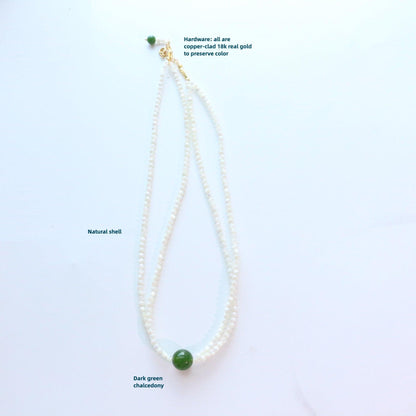 Minimalist Retro Dark Green Chalcedony Bead Necklace Bracelet with White Shell – Luxurious Double Layer Choker Chain Ring Set