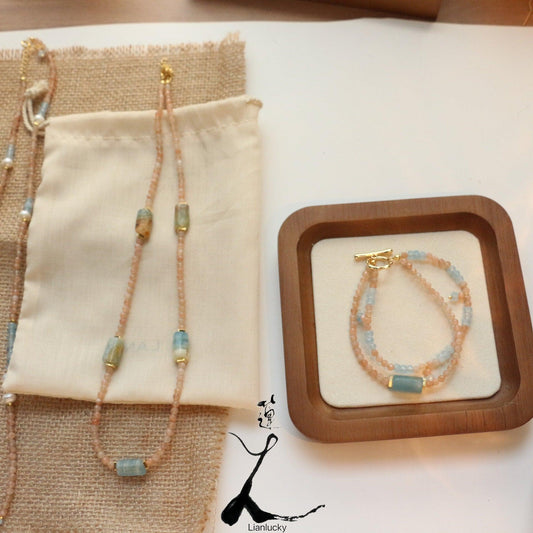 Aquamarine Blue Calcite & Sunstone Double Layers Necklace & Bracelet – Natural Stone Beaded Jewelry