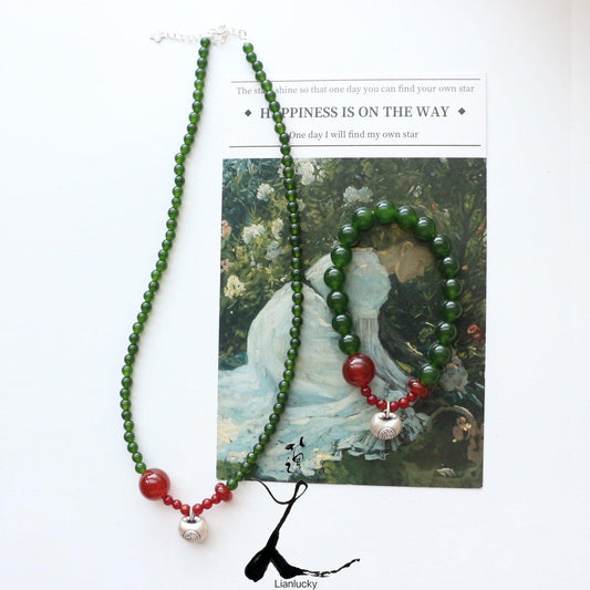 Dai Green Chalcedony Series Necklace & 7A Grade Red Agate Natural Stone Beaded Bracelet