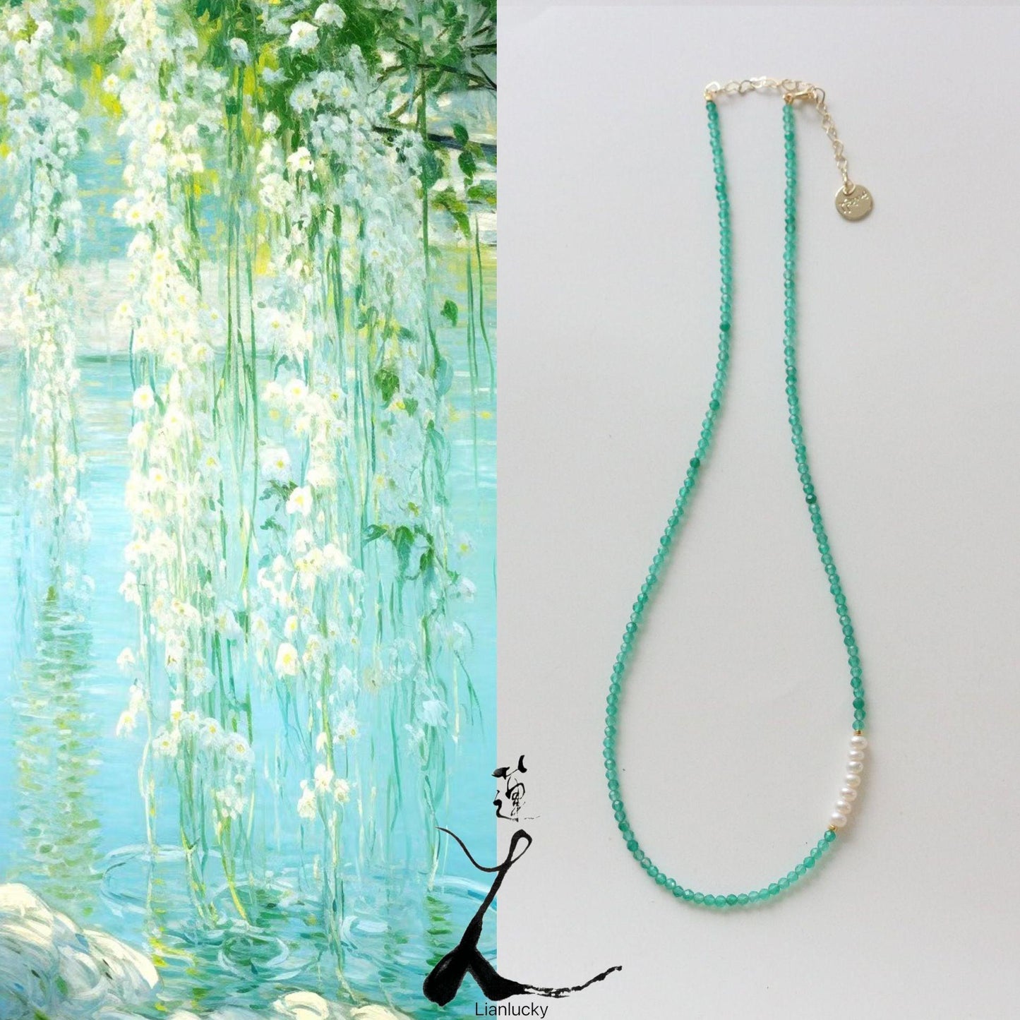 Natural Stone Necklace with Green Gemstone Beads and Freshwater Aurora Pearls