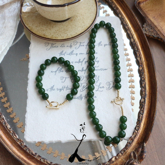 Emerald Chalcedony Bead Necklace & Ethnic Style Beaded Necklace Bracelet Set