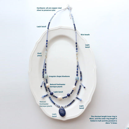 Natural Lapis Lazuli Shell Piece Blue Crystal Double Layer Necklace - Niche Beaded Necklace