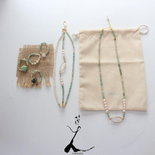 Gradient Green Aventurine & White Crystal Three-Layer Bracelet, Freshwater Pearl Necklace, Collarbone Chain & Ring Set