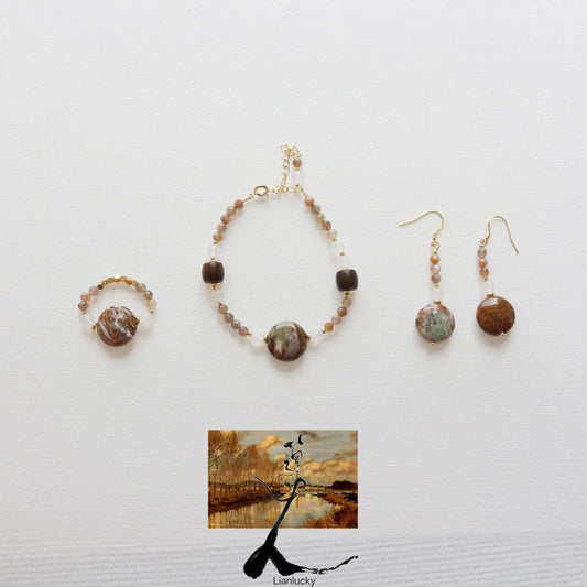 Dunhuang Series White Agate & Black Bone Pearwood Natural Stone Beaded Bracelet, Ring & Earring Set