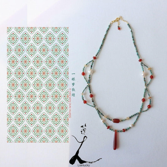 Dunhuang Necklace – Double Layer Vintage Agate & Raw Turquoise Beaded Long Ethnic Style