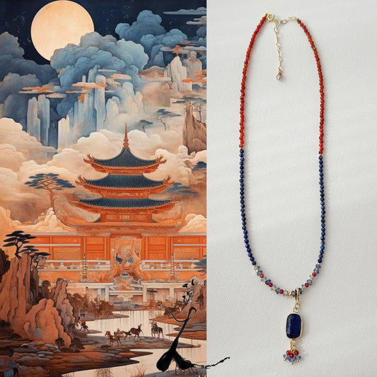 Dunhuang Color Natural Stone Beaded Necklace - Handmade Unique Blue and Orange