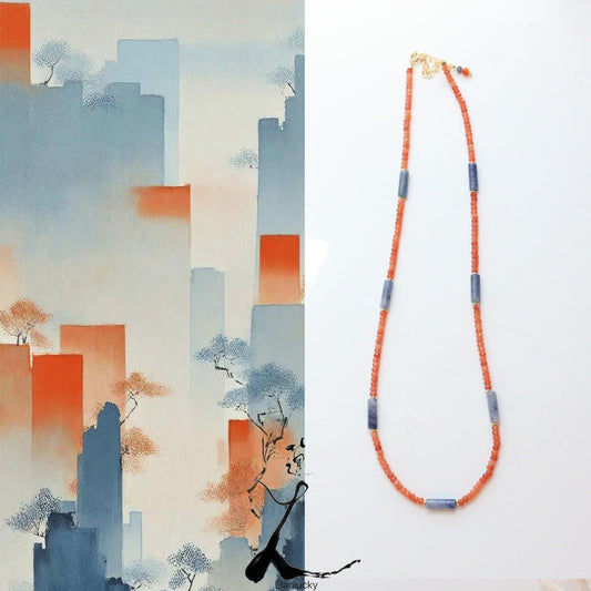 Niche Light Luxury Vintage Orange and Blue Colorway Natural Stone Beaded Necklace