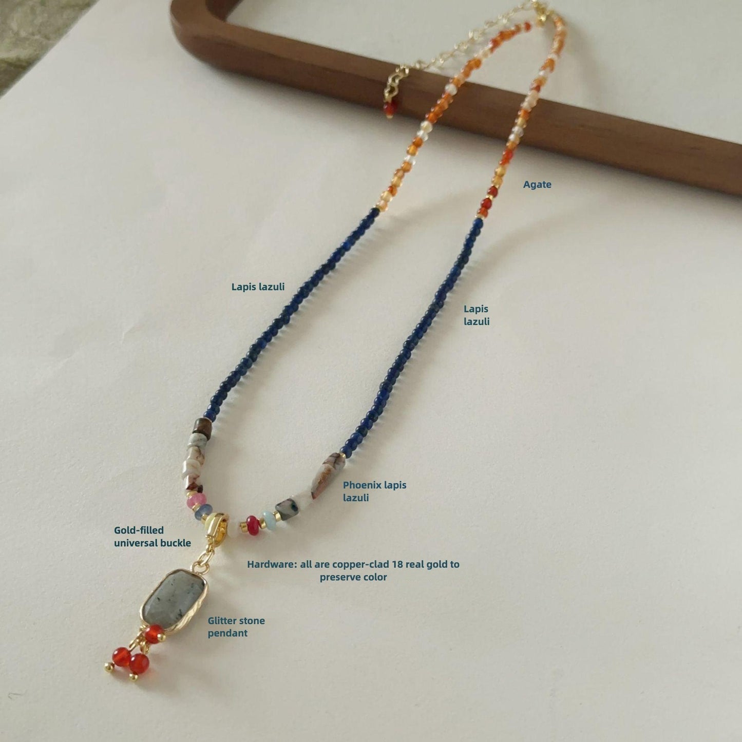 Lapis Lazuli & Agate Dunhuang-Inspired Natural Stone Beaded Necklace with Glitter Stone Pendant – Exotic Jewelry