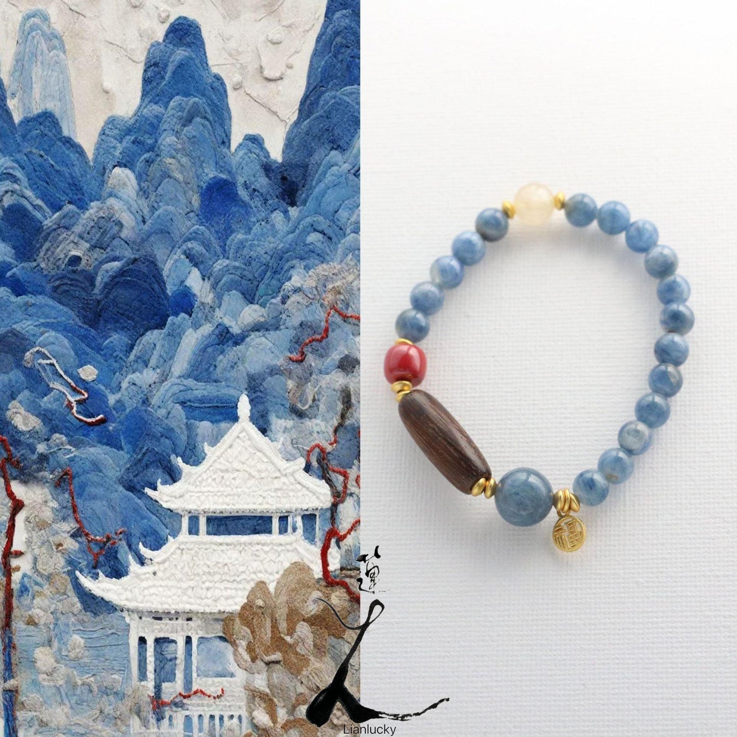 Slow Life Zen Five Elements Beaded Bracelet – Citrine, Blue Crystalline Stone, Imperial Sand Incense String