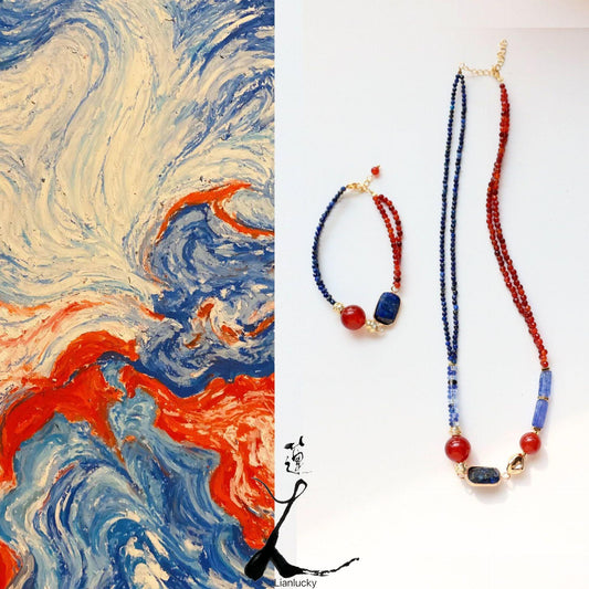 Blue and Red Dunhuang Natural Stone Double Layer Beaded Necklace