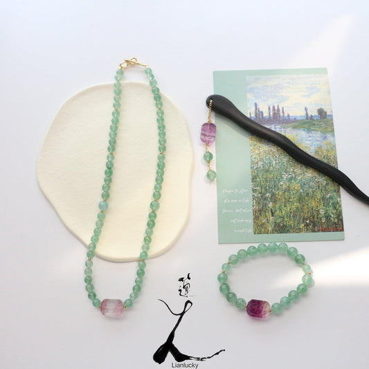 Vintage Green Strawberry Quartz Necklace with Fluorite Floral Pendant & Hairpin Bracelet Series