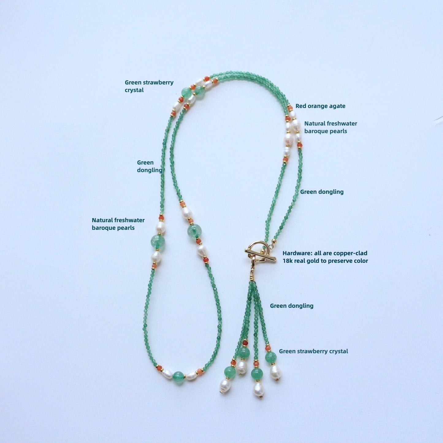 Fresh Jiangnan Green Strawberry Crystal Red Orange Agate Green Dongling Natural Stone Beaded Long Tassel Sweater Necklace