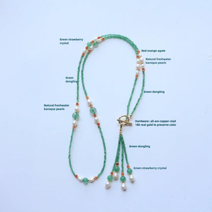 Fresh Jiangnan Green Strawberry Crystal Red Orange Agate Green Dongling Natural Stone Beaded Long Tassel Sweater Necklace