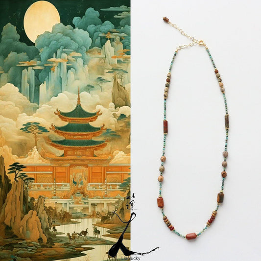 Natural Turquoise & Red Stone Beaded Necklace – Original Design Choker Inspired by Dunhuang National Style