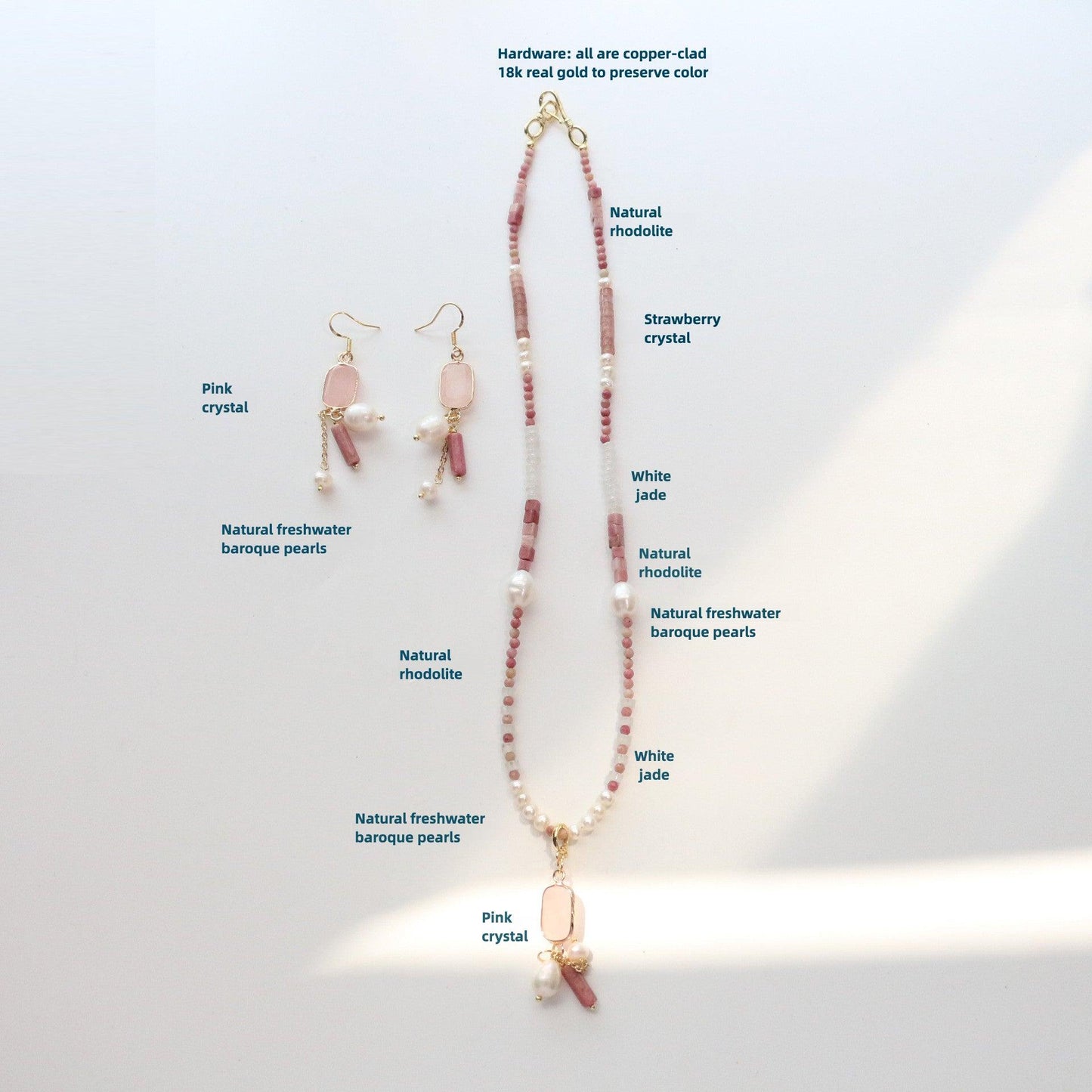 Pink Vintage Natural Stone Red Agate & Strawberry Quartz Necklace – Elegant Beaded Jewelry