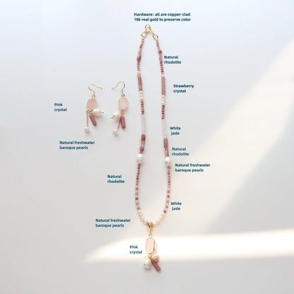 Pink Vintage Natural Stone Red Agate & Strawberry Quartz Necklace – Elegant Beaded Jewelry