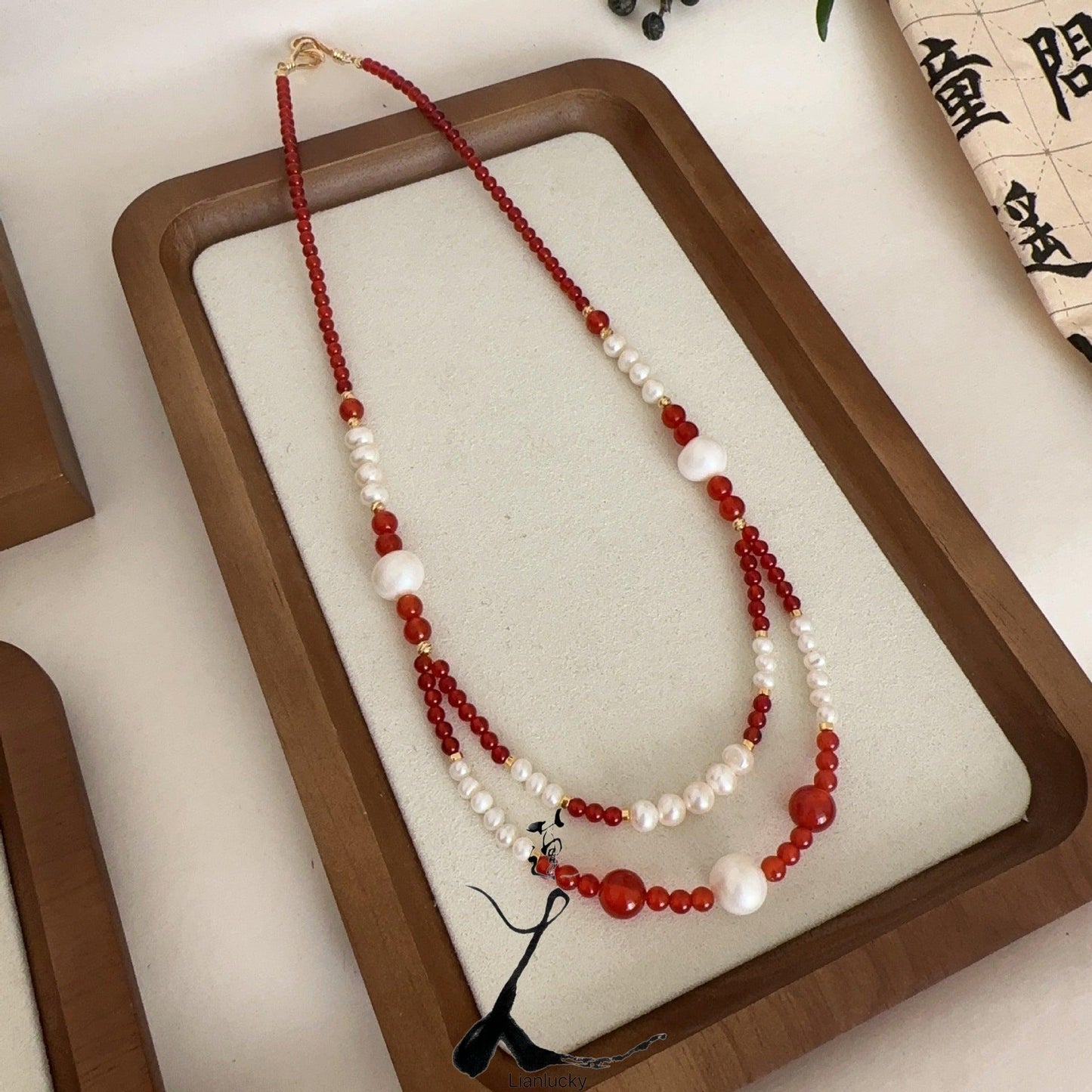 Handcrafted New Year Red Agate Dunhuang Double Layer Natural Stone Beaded Necklace