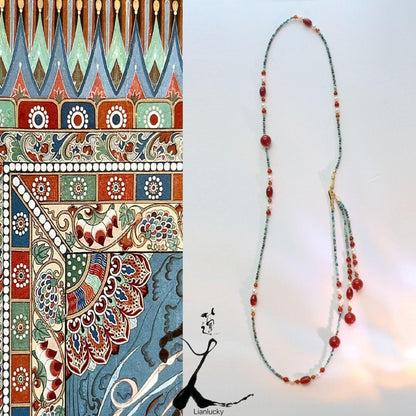 Dunhuang Hand-Beaded Natural Turquoise & Red Agate Necklace with Freshwater Pearl Sweater Chain