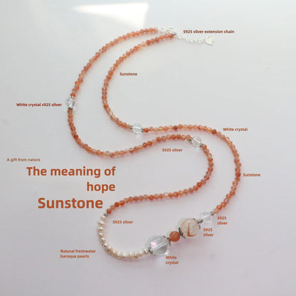 Vintage Natural Sunstone & White Crystal Beaded Necklace – S925 Sterling Silver, Freshwater Pearls, Long Sweater Chain