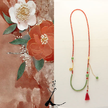 Beaded Necklace with Contrasting Red Agate and Green Chalcedony Tassels - Fringed Lapel Necklace