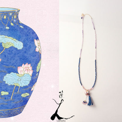 New arrivals New Chinese Style Lapis Lazuli & Purple Jade Necklace | Sand Gold Enamel Gourd Tassel Pendant